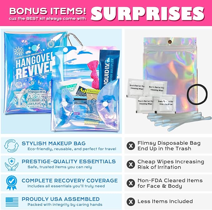 EVERLIT CARE Hangover Kit 5 PACK Pre Filled Party Favors, Goodie Bags, Gift for Bachelorette, Wedding, 21st Birthday Gift, Girls Trip Recovery Kits & First aid Supplies for Parties and Events