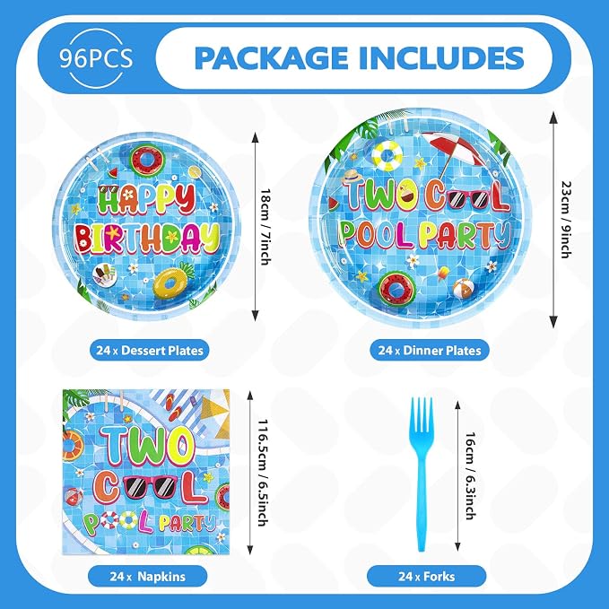 96Pcs Two Cool Pool Birthday Party Decorations Summer Swimming 2nd Party Plates Disposable Beach 2nd Birthday Tableware for Summer Beach Pool Swimming Kids 2 Years Old Hawaiian Decor, Serves 24