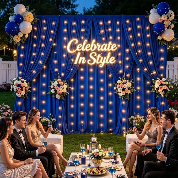Royal Blue Backdrop Curtains with Lights for Parties,10x10FT Wrinkle Free Wedding Photo Backdrop Drapes Fabric for Baby Shower Birthday Ceremony Reception Home Party Decorations