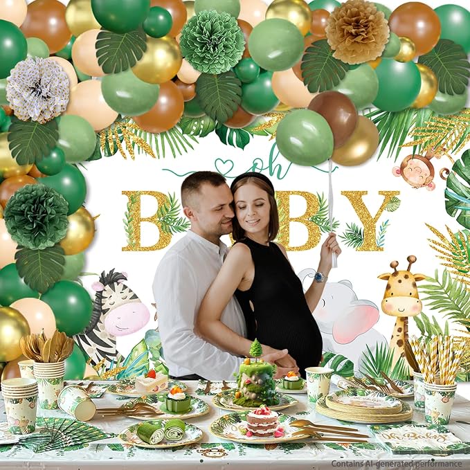Safari Jungle Baby Shower Decorations for Boy Girl ,258 PCS Jungle Safari Animal Party Decorations Supplies (20 Guest) with Paper Plates Cups Napkins Tablecloth Backdrop Balloons Arch Kit