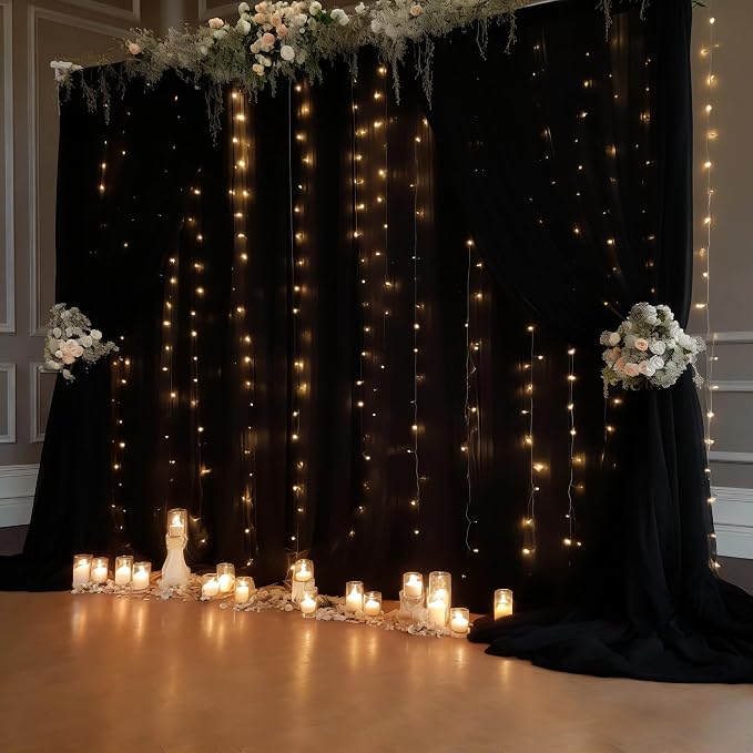 Wish Care 10ft x 10ft Black Chiffon Backdrop Curtain with Lights String for Parites Wedding Wrinkle Free Curtain Photo Backdrops Drapes for Baby Shower Birthday Party Home Decorations