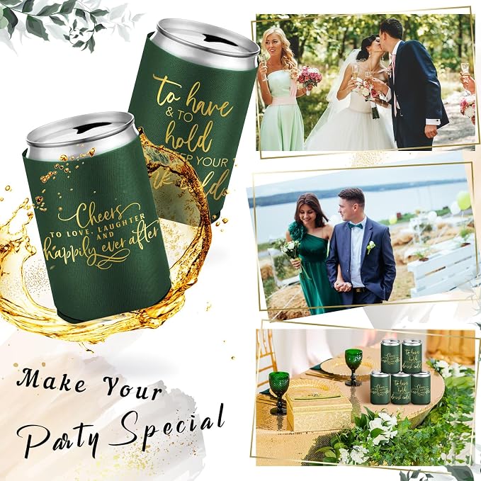 Qinyoung 50 Pieces Dark Green Wedding Can Cooler Bulk Engagement Party Favors for Guests Cheers to Love and Happily Ever After Rehearsal Dinner Decorations for Wedding Bridal