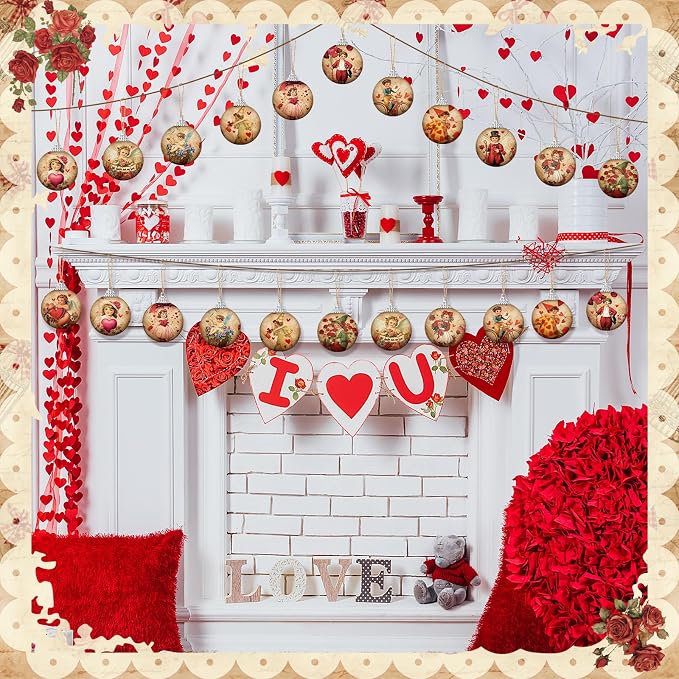 Outus 24 Pcs Valentine's Day Tree Ornaments Ball Vintage Happy Valentine's Day Decorations for Tree Red and Pink Love Kisses Xoxo Pattern Hanging Ornaments Home Farmhouse Holiday Fireplace Party Decor