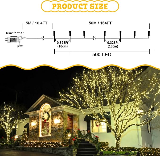 weillsnow 164 FT 500 LED Fairy Lights Outdoor, Warm White String Lights with Timer & 8 Modes, Waterproof Plug in Christmas Lights for Bedroom Wedding Party Decor