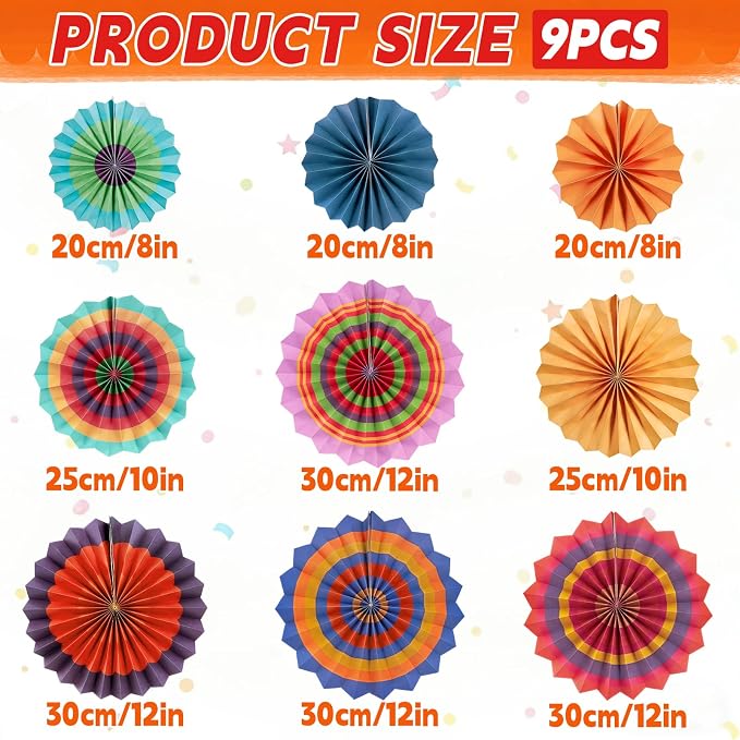 SUNBEAUTY 9 Pcs Colorful Mexican Fiesta Hanging Paper Fans Decorations Paper Fans for Cinco de Mayo Decorations Flower Hanging Mexican Theme Party Decor for Taco Nights Fiesta Party Carnivals