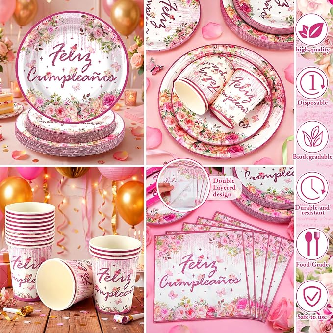 168 Pcs Mexican Birthday Party Decorations for Women Pink Floral Birthday Plates and Napkins Fiesta Party Tableware Sets Serves 24 Cinco De Mayo Supplies