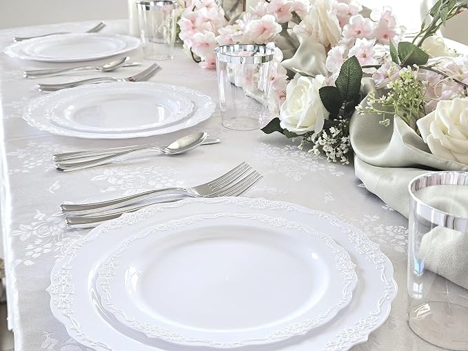 OCCASIONS 240 Piece Disposable Plastic Plates Set for 120 Guests – Heavy Duty 10.25" Dinner & 7.5" Dessert Plates, Elegant Party Plates for Wedding, Events, BPA-Free – Portofino Plain White