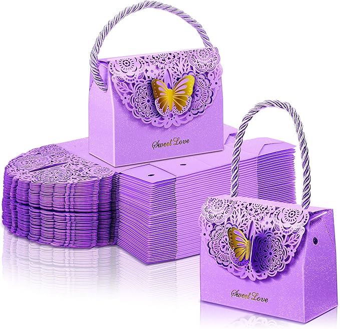 Outus 50 Pcs Butterflies Purse Party Favor Bags Favor Boxes Butterfly Goodie Bags Candy Party Treat Boxes for Wedding, Birthday, Bridal Shower Gift Supplies(Purple)