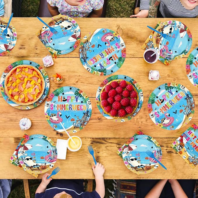 96Pcs Summer Halloween Party Decorations Halloween in Summer Plates and Napkins Tableware Set Spooky Tropical Beach Pool Decorations for Hallows' Eve Hawaii Birthday Supplies Serves 24