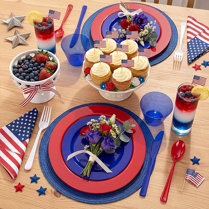 KIRE 150PCS 4th of July Plates & Red White Blue Disposable Plastic Silverware &Clear Blue Cups-American Flag Patriotic Party Supplies for Celebration Activities,Independence Day, Memorial Day