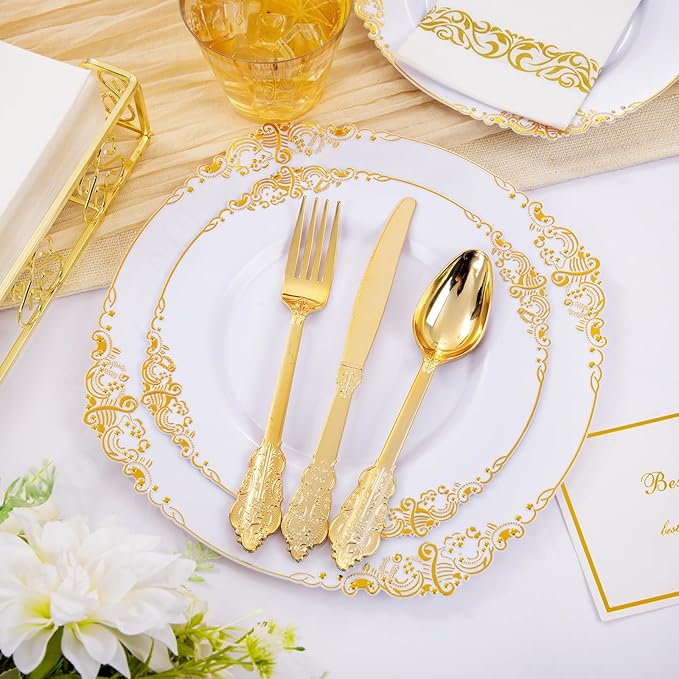 Hioasis 175pcs White and Gold Plates - White Party Plates for 25 Guest, Include 50 Heavy-duty Plates(20% Thicker Than Standard), 25 Cutlery Set, 25 Napkin, 25 Cups