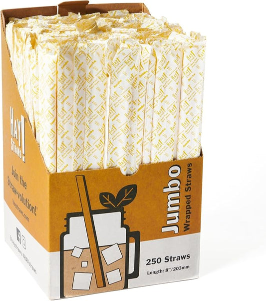 HAY Compostable Drinking Wrapped Straws 8 Inch Jumbo for Smoothies Milkshake Iced Coffee - 250 Count Biodegradable Never Soggy Plant Based Disposable Eco Friendly - Plastic Free Natural Tall Straws