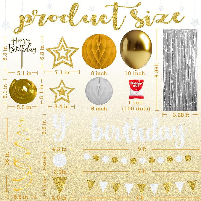 Gold and Silver Birthday Party Decorations Set - Happy Birthday Banner Balloons Foil Curtains Hanging Swirls for Men Women Birthday Party Supplies