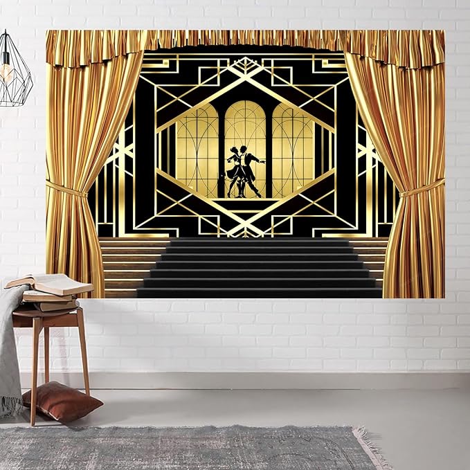 10x8ft Roaring 20s Backdrop for Photography Great 1920s Retro Roaring Party Decor Photo Background Wedding Black and Gold Golden Banner Decoration Birthday Briadal Shower Photo Shoot Booth Supplies