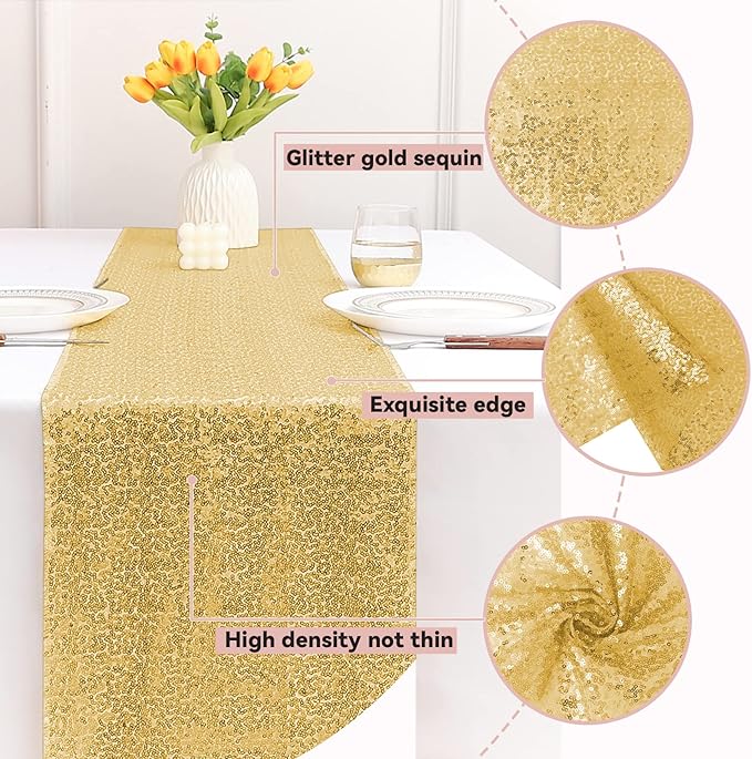 Sugargirl 10 Packs 12 x 72 inches Sequin Table Runner, Glitter Gold Table Runner for Birthday Party Supplies Wedding Holiday Celebration Event Decorations