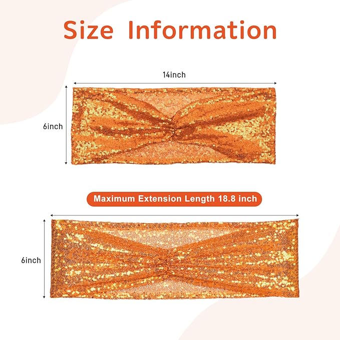 SquarePie 50 Pcs Sequin Chair Sashes Orange Sequin Sashes Bands Decorative Ties for Wedding Party Festive Chair Cover Decor