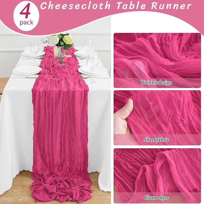 4Pack Hot Pink Cheesecloth Table Runner 10FT Gauze Hot Pink Cheese Cloth Table Runner 35x120Inch Long Boho Spring Easter Table Runners Rustic Sheer Table Runners for Wedding Baby Bridal Shower Decor