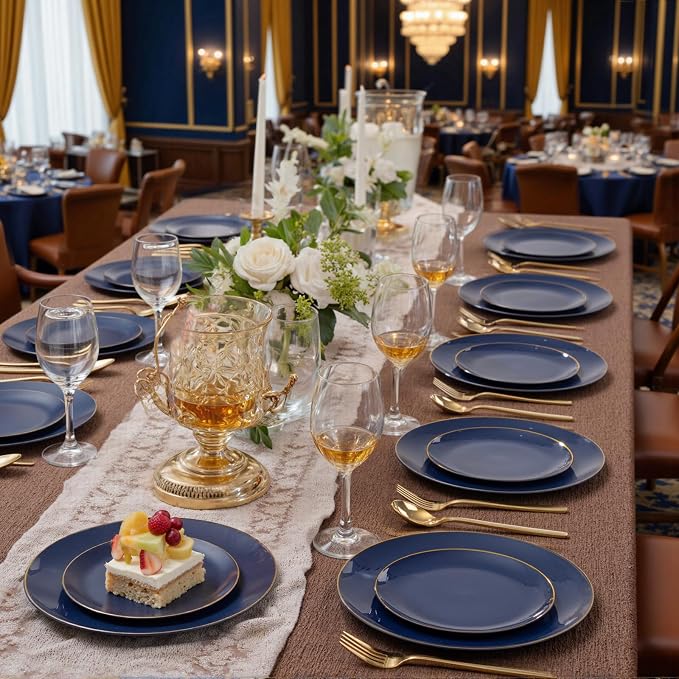 bUCLA 200PCS Blue Plastic Plates - Navy Blue Disposable with Gold Rim Include 100 Each (10 inch Dinner & 7 inch Dessert) Plates, Ideal for Party & 4th of July