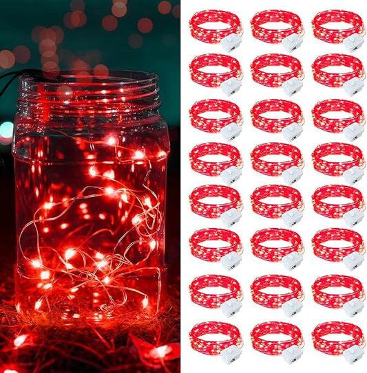 24 Pack Red Fairy Lights Battery Operated, 7ft 20 LED Mini String Twinkle Lights for Valentine's Day Easter Christmas Halloween Mason Jars Centerpiece Table Decorations (24, Red)