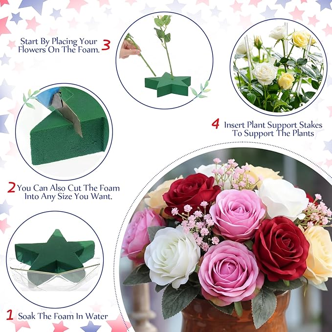 Pangda 6 Pcs Memorial Day Star Shaped Floral Foam Wet Florist Foam Blocks with 12 Pcs Clear Plant Support Stakes for Patriotic 4th of July Red White Blue Flower DIY Table Wall Decor, 8"x 8" x 1.47"