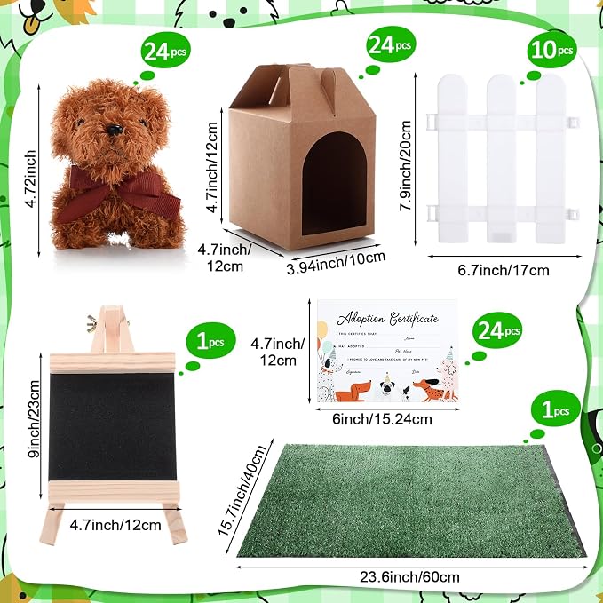 Blueweenly 84 Pcs Adopt a Pet Party Supplies 24 Mini Animals 10 White Plastic Fence 24 Paper Gift Boxes 24 Adoption Cards with Mini Chalkboard and Artificial Lawn(Puppy)