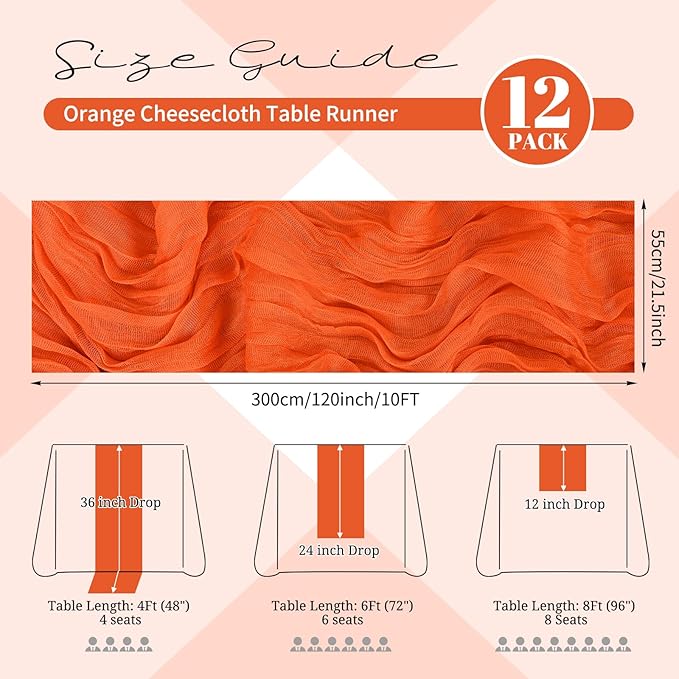 12 Pack Orange Cheesecloth Table Runner 120 inch Fall Thanksgiving Boho Rustic Gauze Farmhouse 10FT Cheese Cloth Runner for Baby Shower Wedding Party Holiday Home Decor