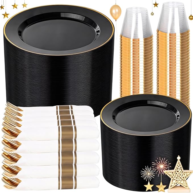 SUT 350 Pcs Black and Gold Plastic Dinnerware Set for 50 Guests, Include: 50 Dinner Plates, 50 Dessert Plates, 50 Pre Rolled Napkins With Silverware, 50 Cups, Disposable Plates for Party