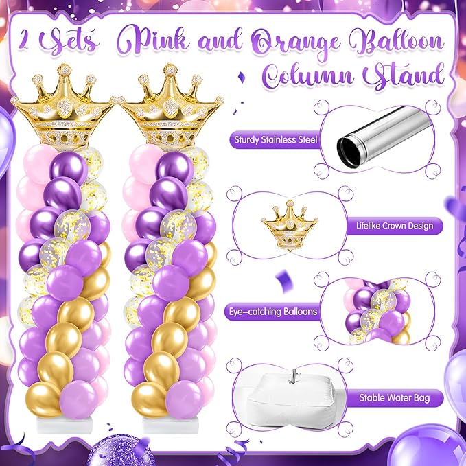 2 Sets Princess Balloon Column Stand Kit with Crown Exploding Star Foil Balloon Purple and Gold Balloons Arch Garland for Princess Birthday Wedding Baby Shower Decorations Party Supplies