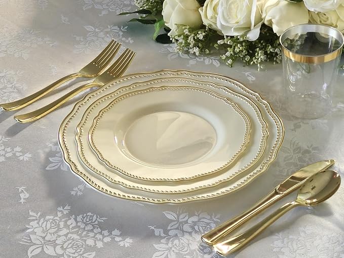 " OCCASIONS " 640pcs set (80 Guests)-Heavyweight Wedding Party Disposable Plastic Plate Set -80 x 10.25'' + 80 x 7.5'' + Silverware + Cups + Napkins (Rochelle Ivory & Gold)
