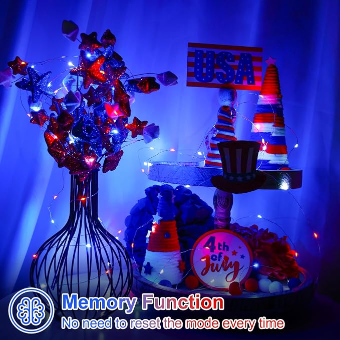 QITONG 2 Pack Fairy Lights Battery Operated, Each 33ft 100LED 4th of July String Lights Outdoor, 8 Modes Silver Wire Twinkle Mini Lights for Patriotic Independence Memorial Decor(Red White and Blue)
