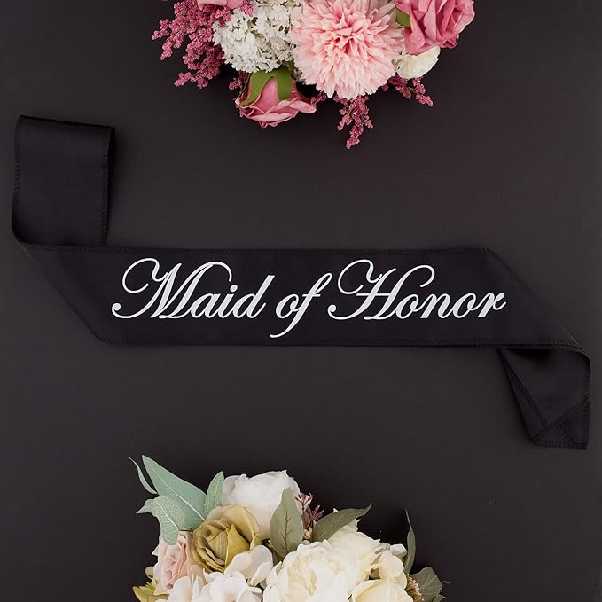 Ella Celebration Maid of Honor Sash, Black Satin Double Layer Bridal Party Sashes for Bachelorette Party (Maid of Honor Black)