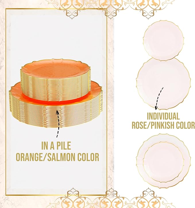 Exquisite Tinted Plates - 40 Piece Plastic Disposable Party Set for 20 Guests - 20 X 7.5 Dessert & 20 X 10 Thin Delicate Fancy Plates - Coral Peach with Gold Rim