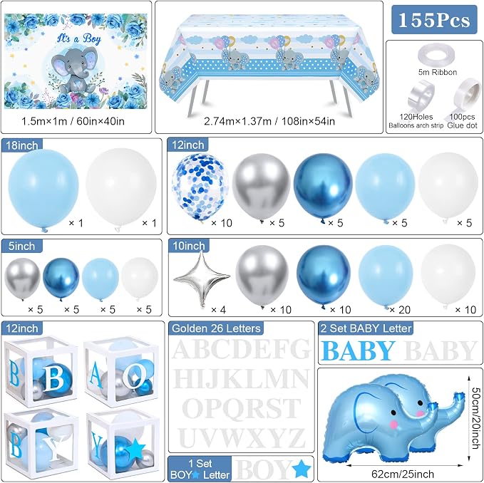 Golray 155pcs Elephant Baby Shower Decorations for Boy, Boxes with Letters/ Blue Balloon Garland Kit/ Backdrop/ Tablecloth/ Star, Elephant Kid Birthday Party Supplies Baby Boy Shower Decor