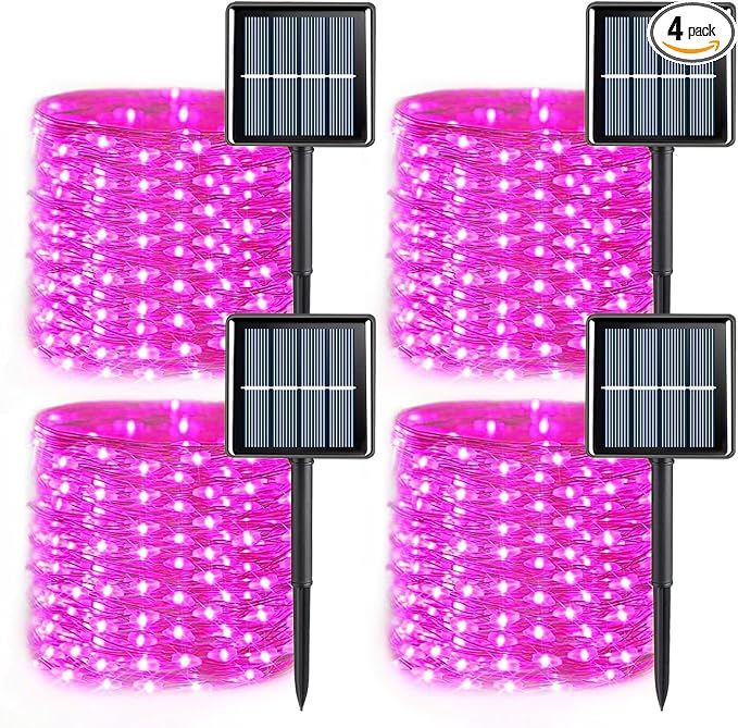 YEGUO 4 Pack Pink Solar Fairy Lights, Each 33ft 100 LED Christmas Lights Outdoor Waterproof, 8 Modes Sliver Wire Solar String Lights