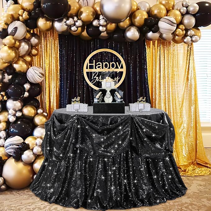 B-COOL Round Tablecloth Sequin Draping Decorations: 132 Inch Tablecloths Black Sequence Overlay Shimmer Fabric for Birthday Dinner Parties Halloween