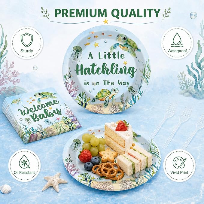 96 Pcs Sea Turtle Baby Shower Party Decorations A Little Hatchling is on The Way Paper Plates and Napkins Forks Under The Sea Ocean Party Supplies for Welcome Baby Shower Birthday Serves 24 Guests