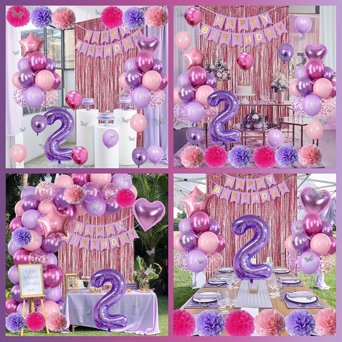 Pink Purple 2nd Birthday Party Decorations for Girls Number 2 Balloon Happy Birthday Banner Butterfly Stickers Fringe Curtain Paper Pom Poms Metallic Hot Pink Star Foil Balloons Baby 2 Year Old Decor