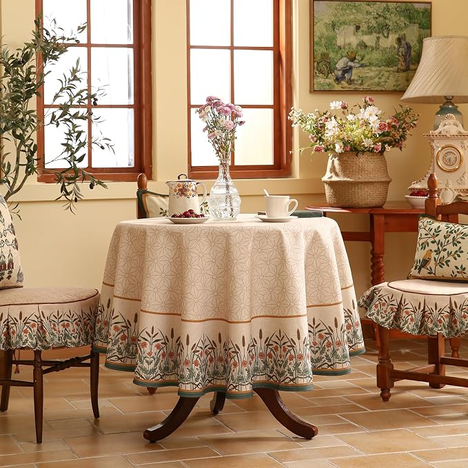 patdrea Vintage French Linen Tablecloth,Round,Diameter 67"-Cudillero | Elegant Floral Table Cloth for Round Table,Natural Beige Block Print,for Dining Room Tea Party Thanksgiving