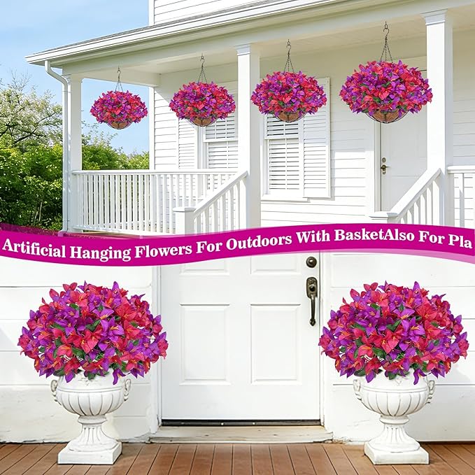 Artificial Fake Hanging Flowers Plants Baskets for Outdoors, Faux Silk Bougainvillea in Planter UV Resistant Realistic Spring Summer Decoration for Outside Porch Patio Yard Home Decor (Purple Hotpink)