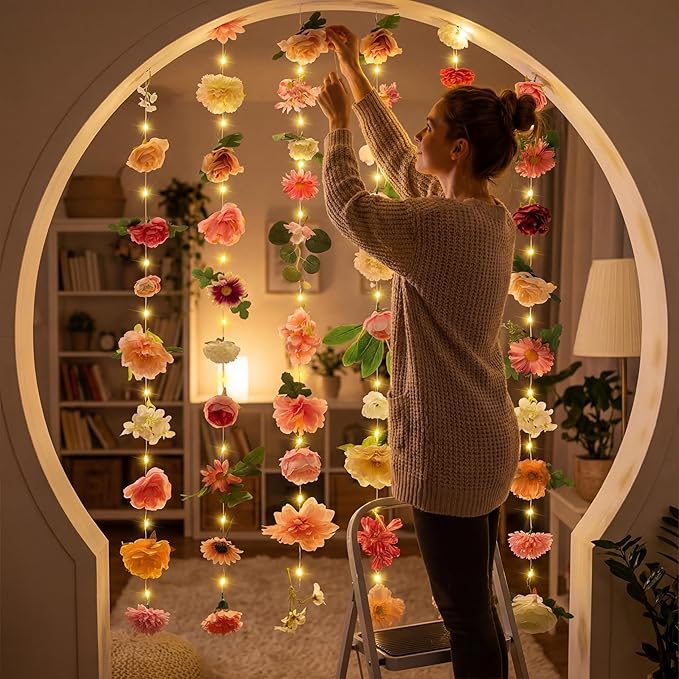 Suncalla 6 Pack 35.4ft Fake Flower Garland Backdrop with LED Lights Hanging Wildflower Floral Vine Decorations for Wedding Bridal Shower Birthday Baby Shower Party Backdrop(Lovely,Multicolor)
