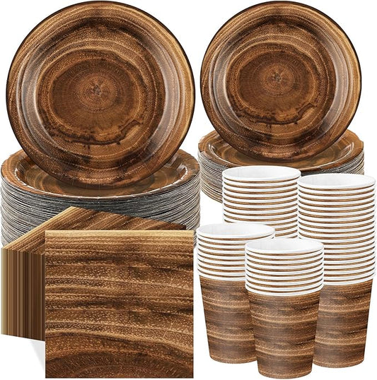 Ziliny 250 Pieces Rustic Wood Grain Party Tableware Set - Disposable Paper Plates, Cups & Napkins for 50 Guests - Lumberjack, Farmhouse, Camping, Forest Theme Birthday Decorations(Brown)