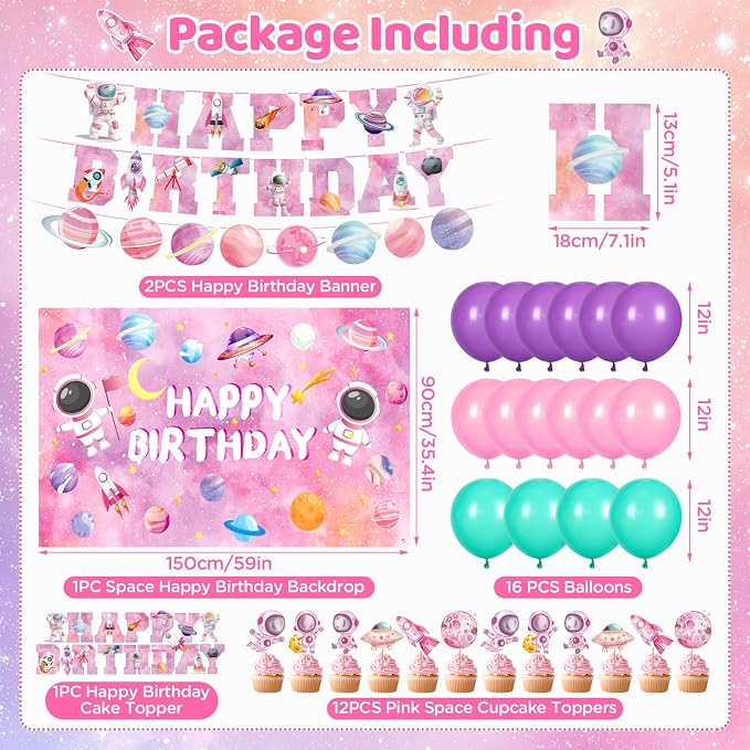 Pink Space Birthday Decorations Outer Space Theme Party Supplies Solar System Happy Birthday Banner Background Cake Cupcake Toppers Balloons for Galaxy Planet Astronaut Party Favor Decor