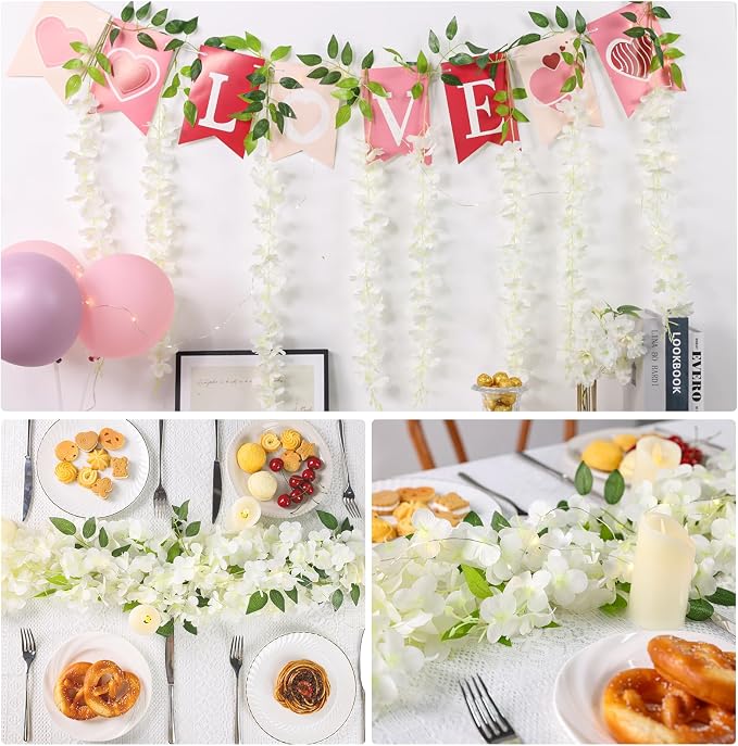 Pauwer Wisteria Hanging Flowers 24 Pack Fake Flower Garland Artificial Wisteria Vines Rattan Silk Flower String Wedding Party Wall Decorations,White