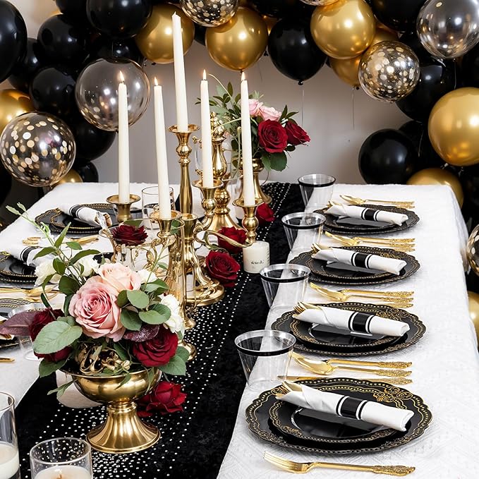 Ciaell 350 PCS Black Plastic Plates - Black and Gold Plates - Black Disposable Plates Include 100 Disposable Plate, 150 Heavy Duty Silverware, 50 Cups, 50 Napkins for Wedding & Party