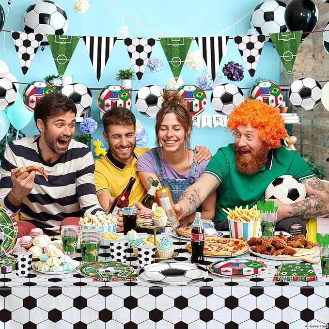 Soccer Party Supplies Decorations Kit for 24 Guests-The 23rd World Cup Design Dinnerware-Plates(9&7in) Napkins Cups Cutlery 2 Tablecloths & Soccer Pennant Flags Banner for Party, World Cup, Birthday