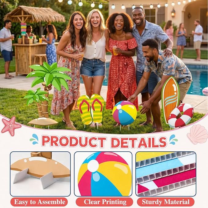 4 Pcs Large Summer Party Decorations, Hawaiian Yard Signs with Stakes Flip Flops Beach Ball Surfboard Palm Tree Cardboard Cutouts for Tropical Birthday Baby Shower Indoor Outdoor Photo Prop