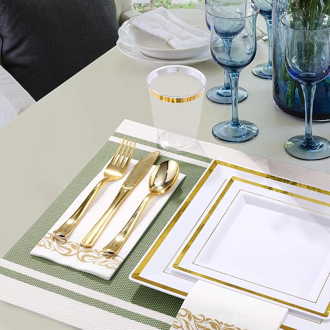 FOCUSLINE 350 Ct Disposable Dinnerware Set for 50 Guests -Heavy Duty Square Plastic Plates with Gold Rim, Includes 50 Dinner & Salad Plates, Cups, Napkins, Cutlery Set