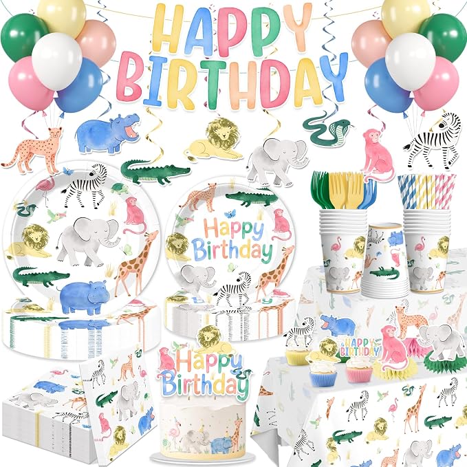 colorful animal birthday decorations