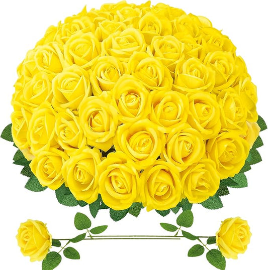90 Pcs Yellow Velvet Rose Artificial Flowers with Long Stems, Fake Silk Roses Real Touch Fake Roses Florals for Birthday Wedding Bouquet Party Arrangement Decorations