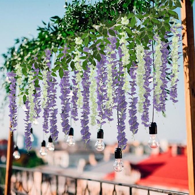 BIRDDIE 24Pcs of Artificial Wisteria Hanging Flowers, 3.75 Feet Fake Wisteria Flower Strings for Backdrop, Wedding, Ceremony,Garden and Home Wall Decoration (Light Purple)